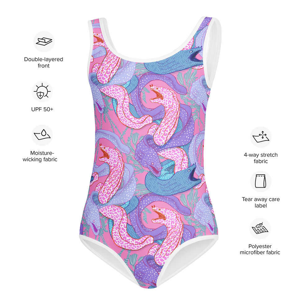 Thumbnail: Dopamine Pink & Purple Moray Eels - Kids Swimsuit by lenes_linien LLSD208D