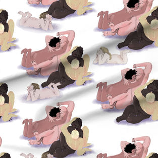 A slightly creased rectangle of fabric showing diverse people lounging and hugging each other.