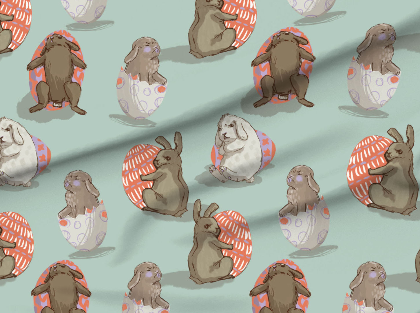 A slightly creased piece of fabric featuring the described easter bunny design.