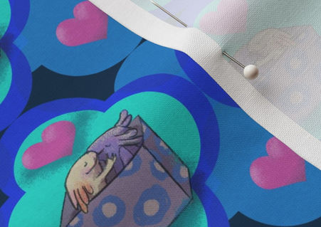 A slightly creased piece of fabric featuring a design of kissing axolotls in geometric overlapping quatrefoil shapes by lenes_linien