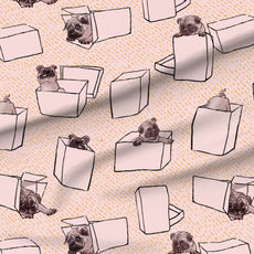 A slightly creased piece of fabric featuring hand-drawn pugs hiding in line-art gift boxes by lenes_linien.