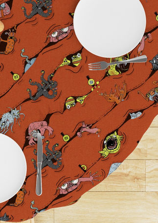 A slightly creased piece of fabric featuring a diagonal novelty design of peeping monsters by lenes_linien
