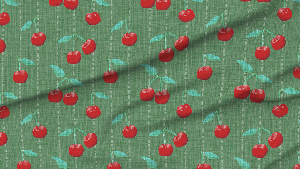 A slightly creased piece of fabric featuring a design  of red cherries with green stems on muted green and dashed pin-stripes by lenes_linien