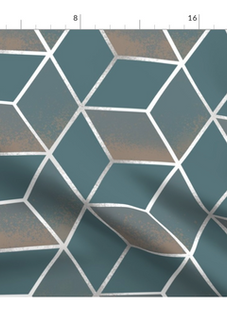 A slightly creased piece of fabric featuring a design of tesselating cubes in blush pink and petrol gradients, forming a white grid - by lenes_linien