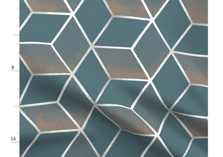 A slightly creased piece of fabric featuring a design of tesselating cubes in blush pink and petrol gradients, forming a white grid - by lenes_linien