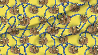 A slightly creased piece of fabric featuring the described design of hand-drawn sloths hanging on lianas.