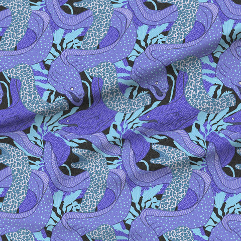 A slightly creased piece of fabric featuring intertwined electric eels and stylized seaweed in shades of purple and blue by lenes_linien.