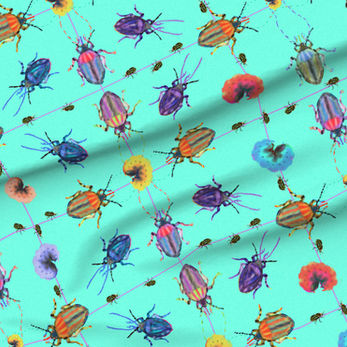 A slightly creased piece of fabric featuring a design of colorful handpainted bugs crawling on a light  grid on aquamarine green by lenes_linien