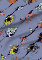 A slightly creased piece of fabric featuring a diagonal novelty design of peeping monsters by lenes_linien