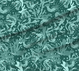 A slightly creased piece of fabric featuring lobsters crabs corals and kelp in an underwater scene by lenes_linien.
