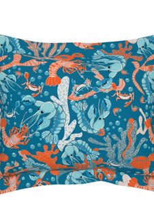 A slightly creased piece of fabric featuring lobsters crabs corals and kelp on a blue background by lenes_linien.