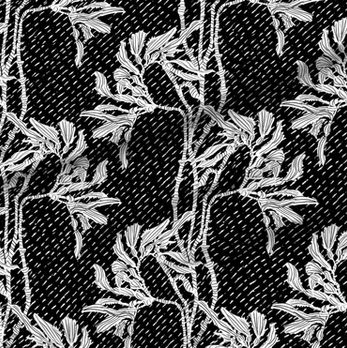 A slightly creased piece of fabric featuring an elegant duotone design of sea kelp fronds in a blockprint style.