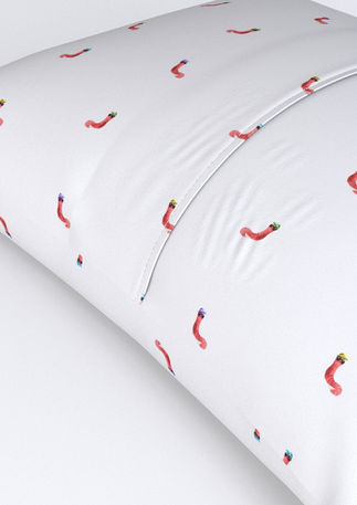 A slightly creased piece of fabric featuring earthworms wearing hats and sunglasses by lenes_linien.