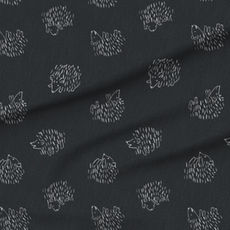 A slightly creased piece of fabric featuring a tossed design of cute, minimalist hedgehogs drawn in loose line-art sketches on uni-colored background by lenes_linien