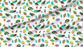 A slightly creased rectangle of fabric showing colorful bugs against pristine white background.