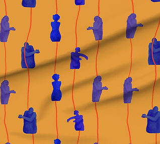 A slightly creased piece of fabric featuring abstract, humanoid shapes on uni color ground, reaching out for each other.