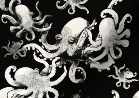 A slightly creased piece of fabric featuring the described octopus design.