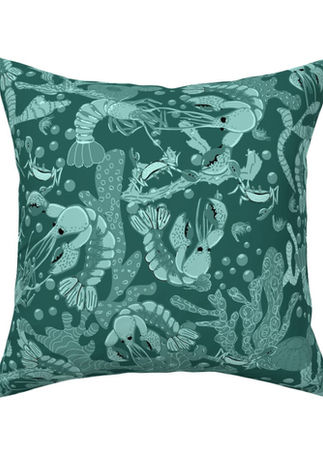 A slightly creased piece of fabric featuring lobsters crabs corals and kelp in an underwater scene by lenes_linien.