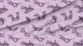 A slightly creased piece of fabric featuring whimsical pugnosed bats on a textured dotted ground by lenes_linien.