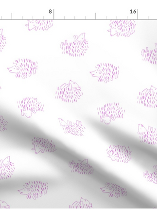 A slightly creased piece of fabric featuring a tossed design of cute, minimalist hedgehogs drawn in loose line-art sketches on uni-colored background by lenes_linien
