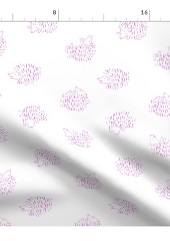 A slightly creased piece of fabric featuring a tossed design of cute, minimalist hedgehogs drawn in loose line-art sketches on uni-colored background by lenes_linien