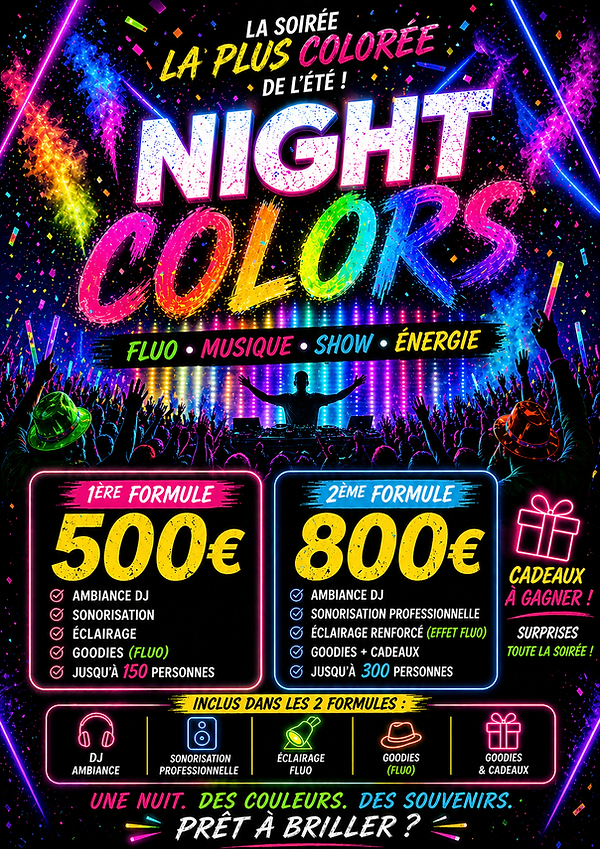 soirée night color camping Occitanie tarifs DJ animation fluo UV festive