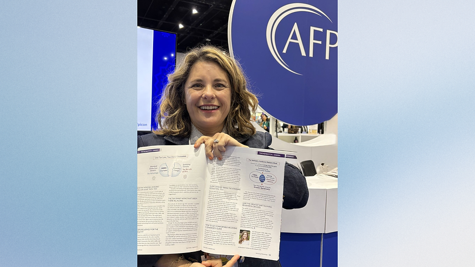 Sari holds up her feature article in AFP's Global Advancing Philanthropy