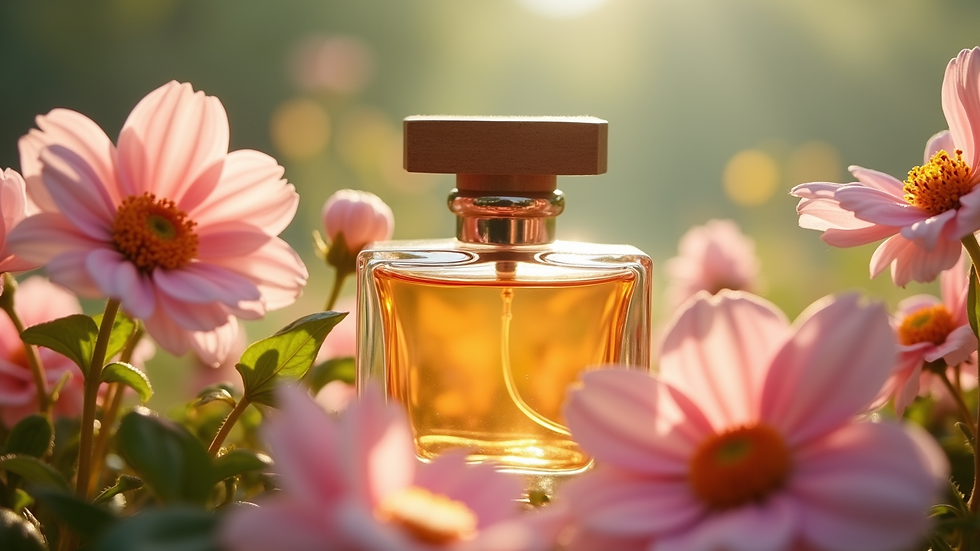 Eye-level view of a perfume bottle surrounded by fresh garden flowers