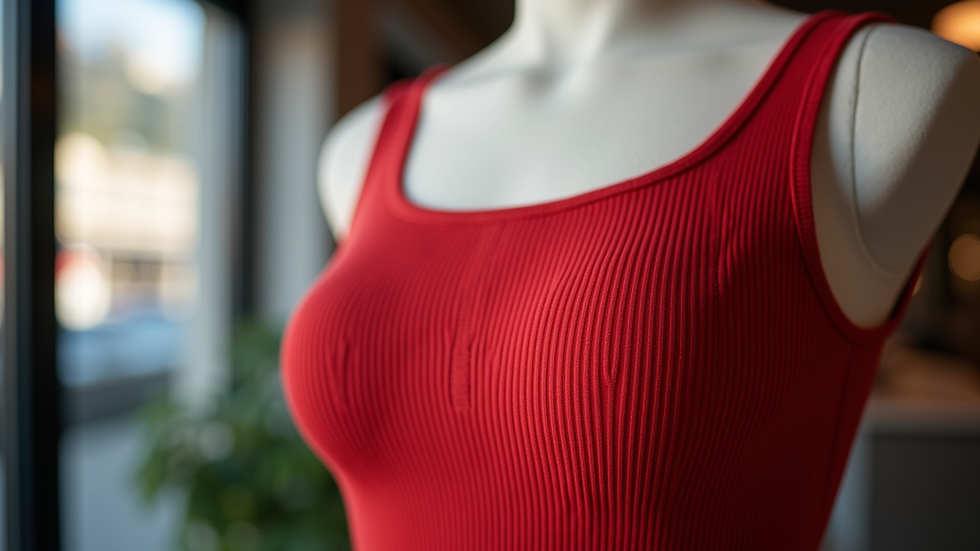 Close-up view of a red ribbed cropped vest top on a mannequin