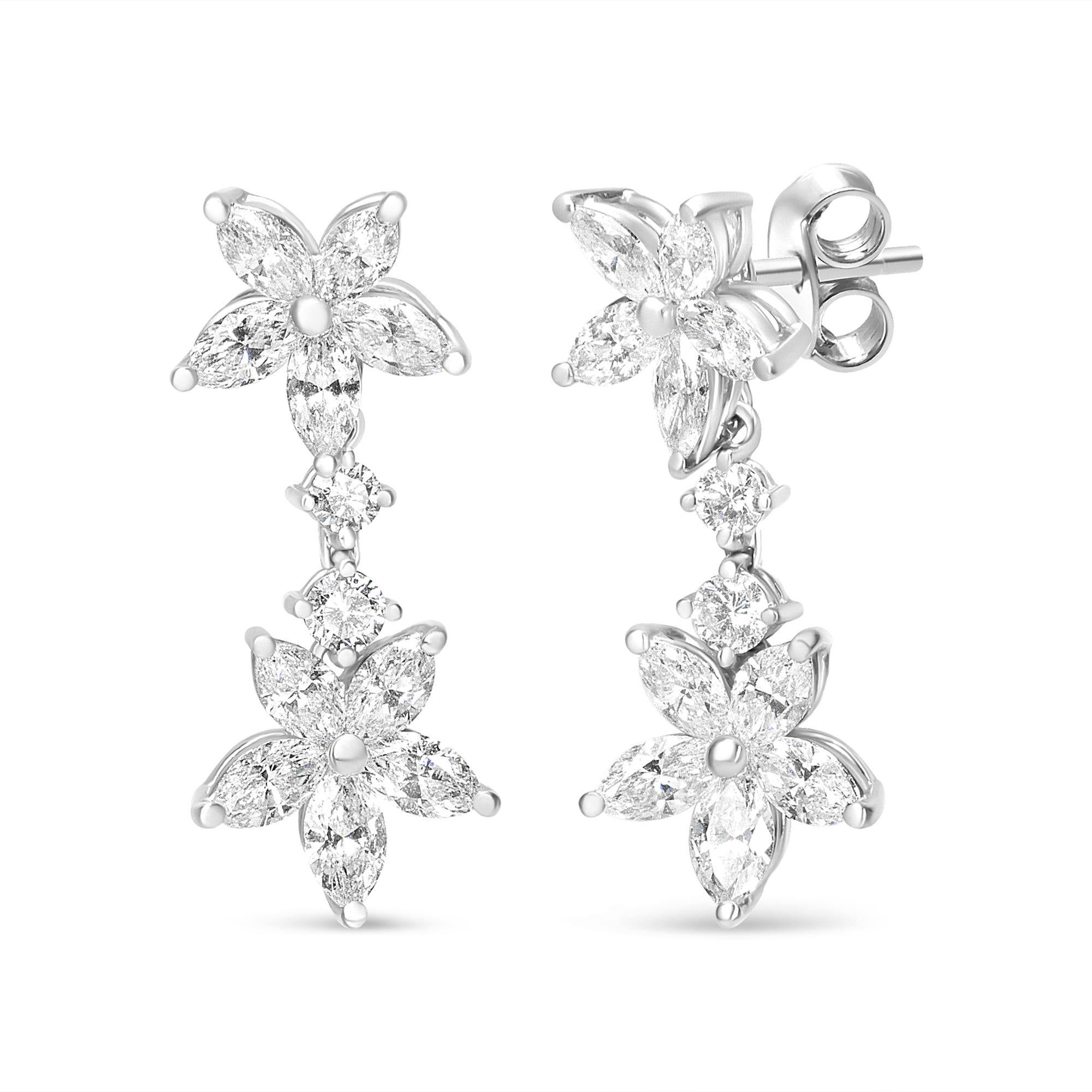 18k White Gold 6.0 Cttw Marquise Diamond Floral Dangle Drop Earrings