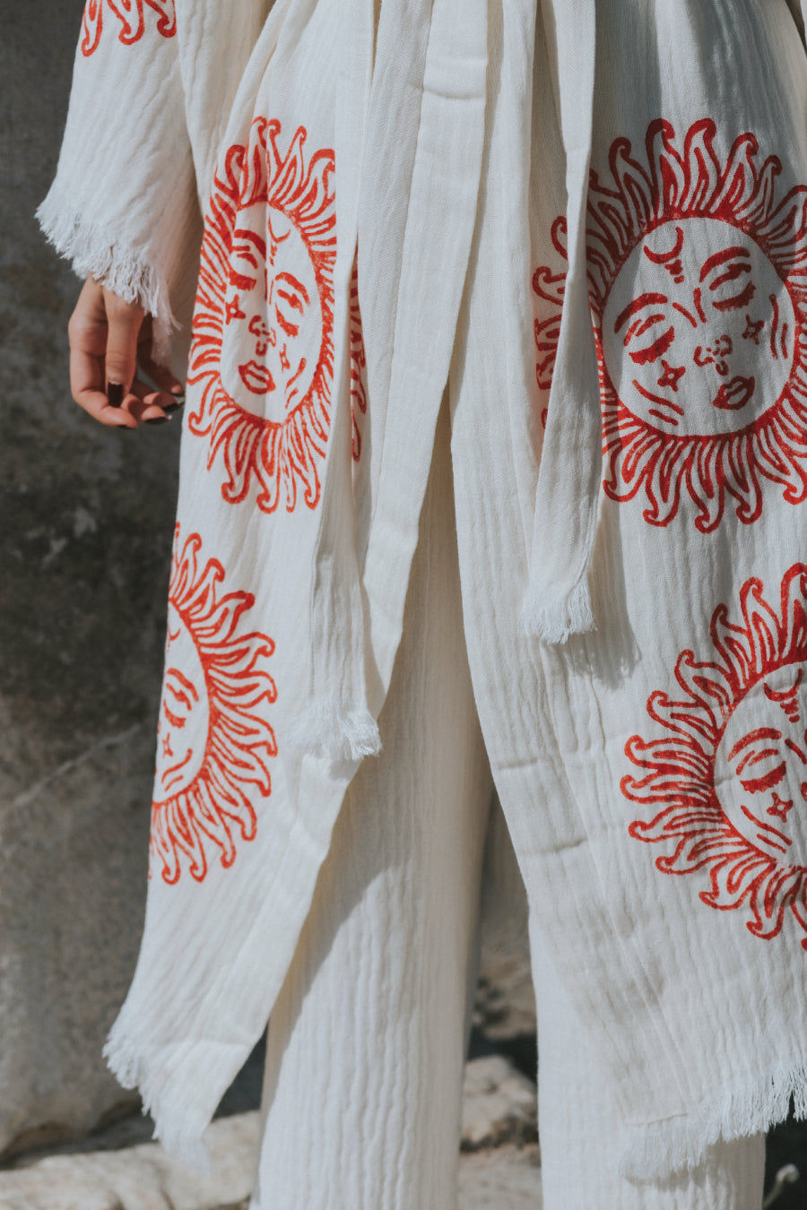 サムネイル： Organic Cotton Soft Bathrobe Handmade Wood Blocks Printed