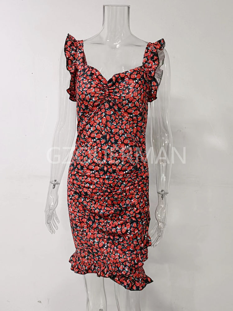 Миниатюра: 2022 Fashion Summer Women Sexy Falbala V-Neck Dress Europe Sleeveless Floral