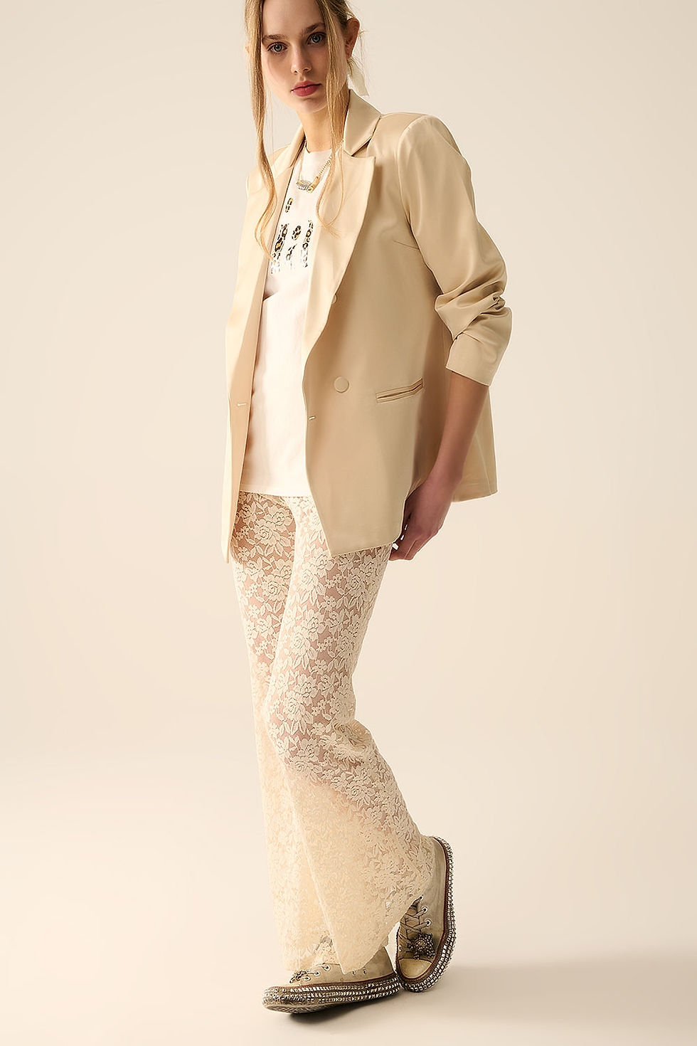 Thumbnail: Cream Flare Pants in Floral Lace