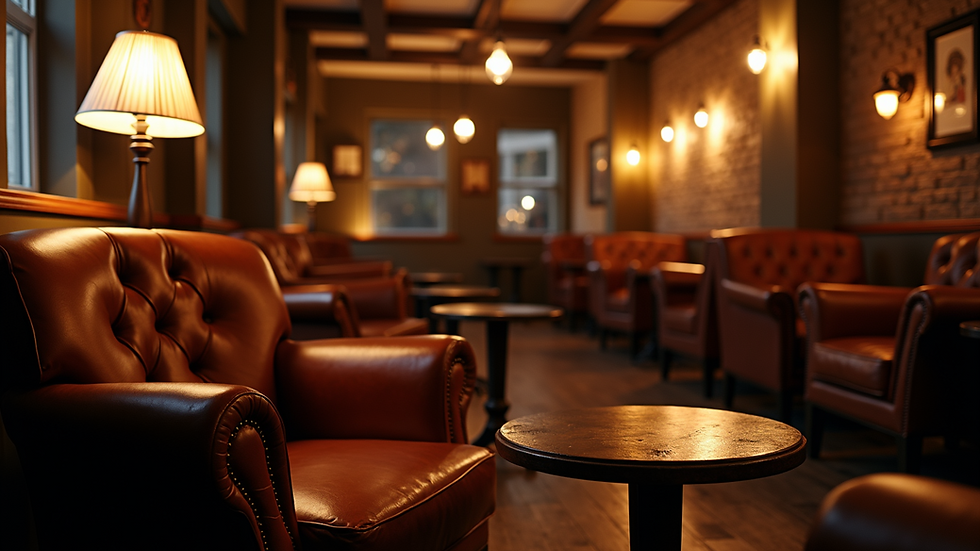 Eye-level view of a cozy cigar lounge with leather chairs and ambient lighting