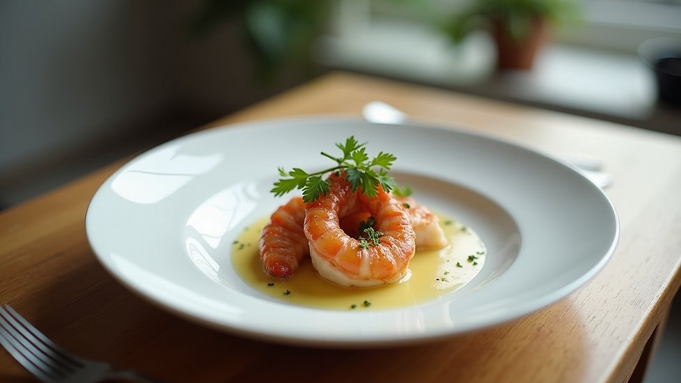 High angle view of an elegant seafood dish on a white plate