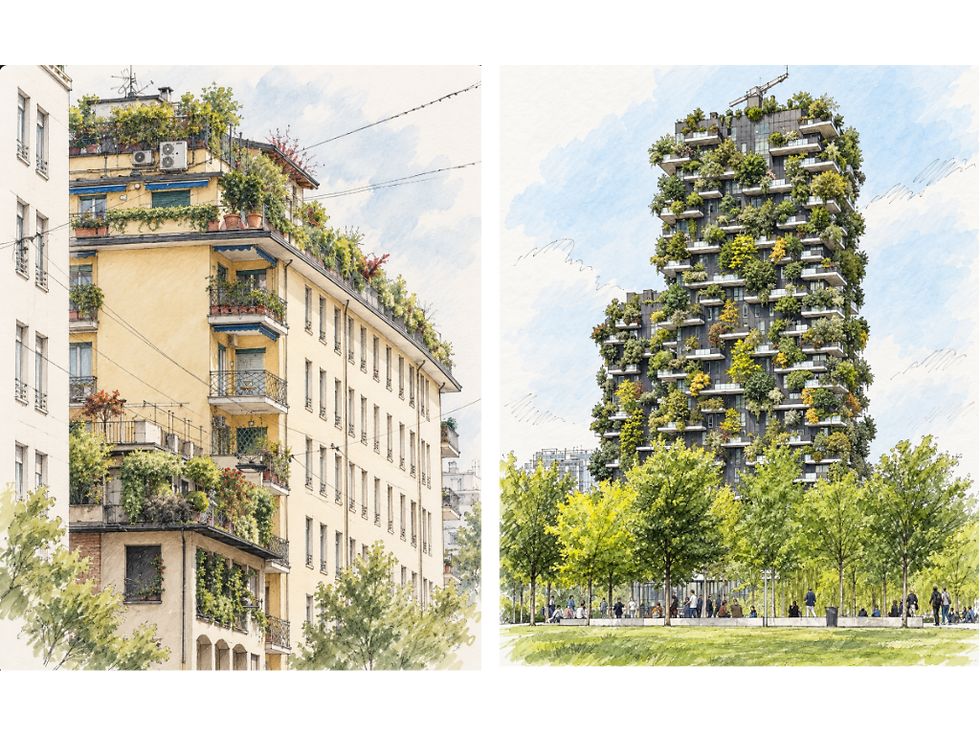 Illustration of two urban buildings covered with vegetation, including planted balconies, green façades and trees, showing different approaches to integrating greenery into architecture.