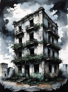 An abandoned, graffiti-covered building with broken windows and ivy crawling up the walls, surrounded by dark moody clouds in the sky. 