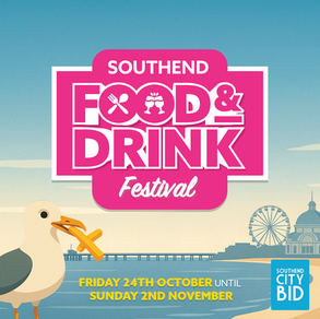 A logo for the event which has a pink background and white outline of the word Southend Food and Drink Festival. There is an image of the southend skyline in the back and a cartoon seagull with a chip at the front.