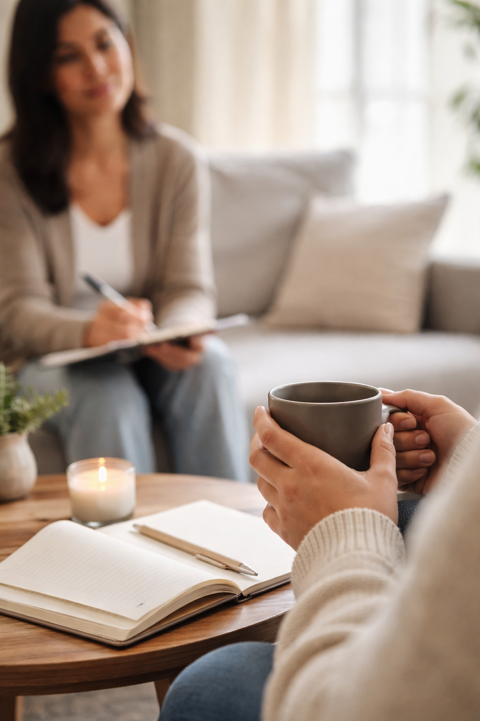 Calm therapy setting representing trauma-informed therapy, safety, and emotional support