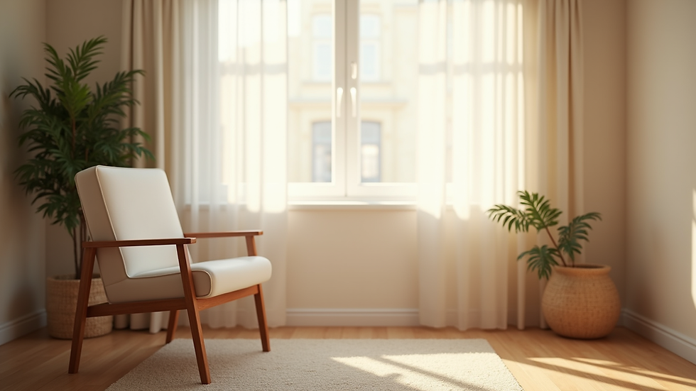 Eye-level view of a calm therapy room with a comfortable chair and soft lighting