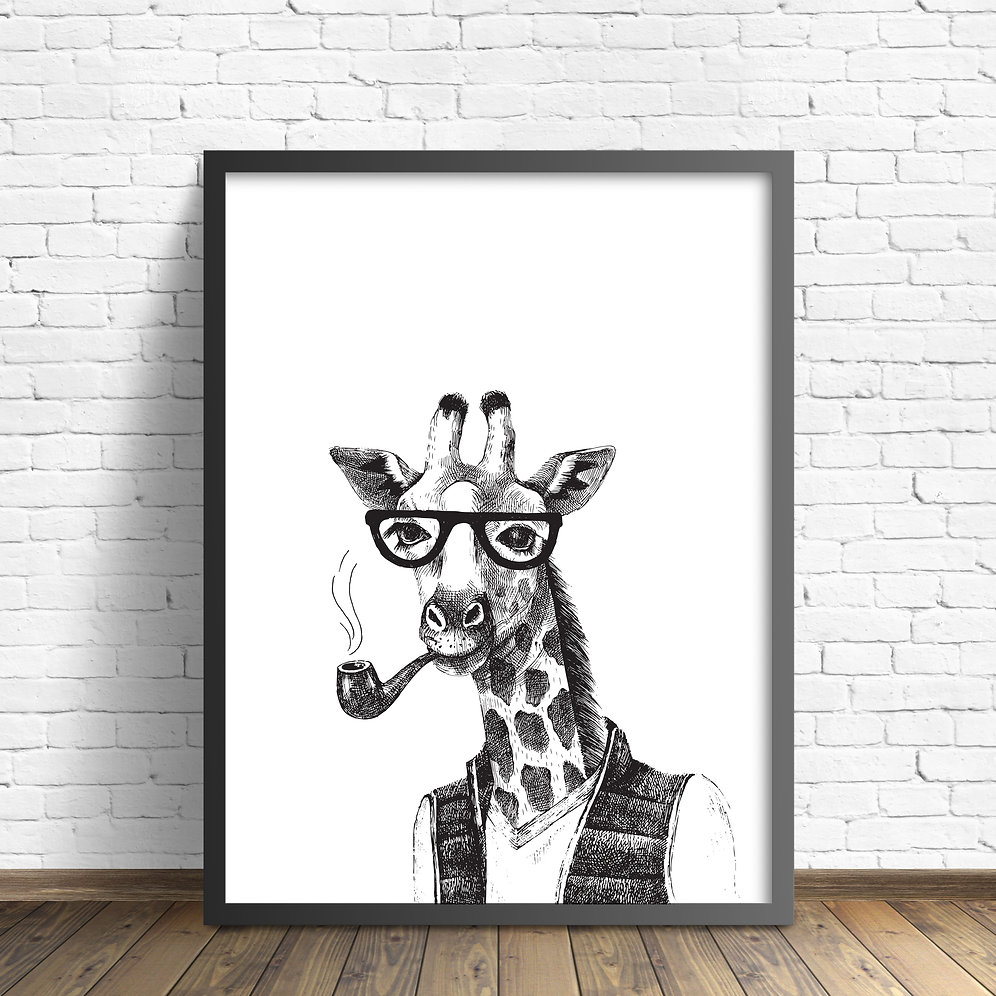 Hipster Animal Print Funny Giraffe Black White Wall Art