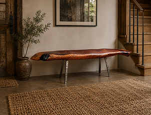 Reclaimed Red Oak bench with custom steel base