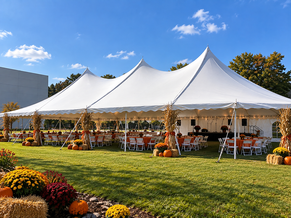 Cincinnati school fall festival tent rental with tables, chairs, stage, pumpkins, cornstalks and fall decorations.