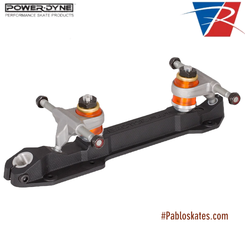 PowerDyne Reactor FUSE Series nylon quad roller skate plate with metal trucks and adjustable toe stop.