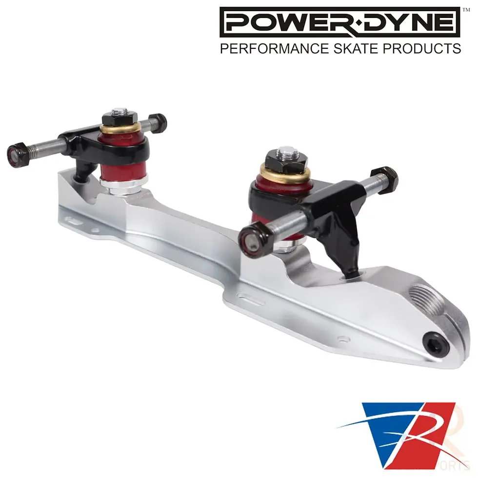 Thumbnail: PowerDyne Reactor NEO aluminium quad roller skate plate with metal trucks and adjustable toe stop.