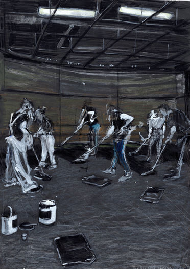 A drawing of people painting a stage floor