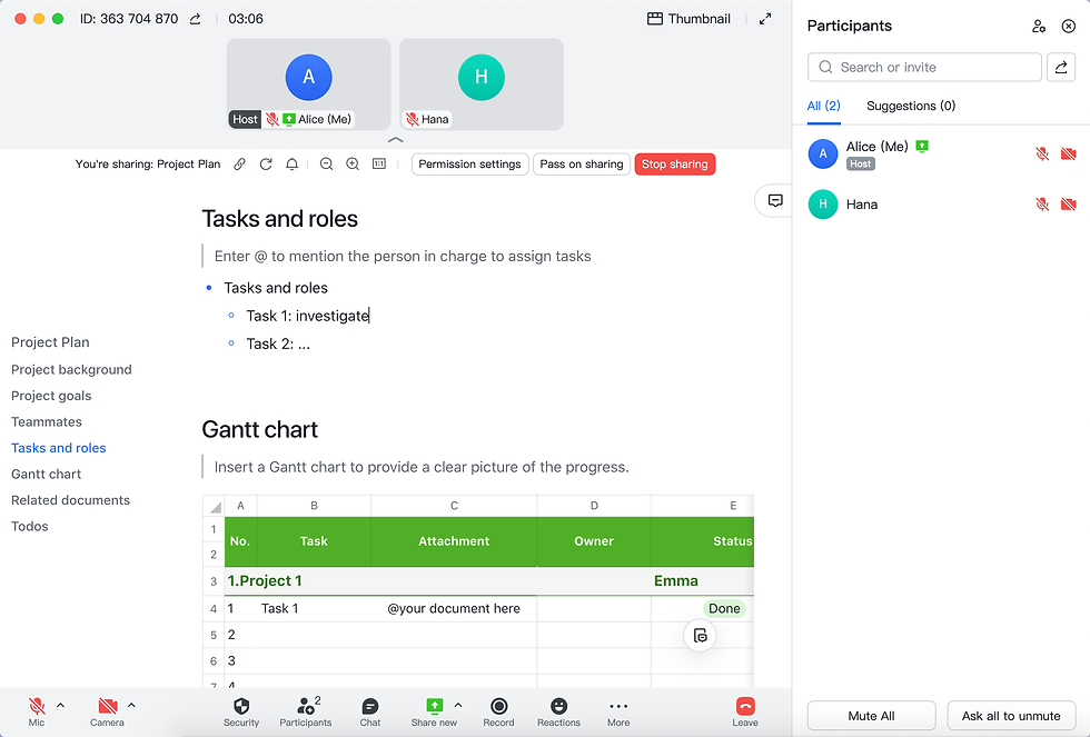 Màn hình Zoom đang chia sẻ tài liệu Project Plan, mục Tasks and roles và bảng Gantt; có Alice và Hana ở khung Participants.