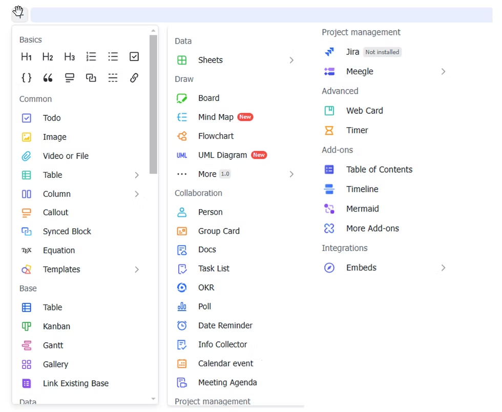 Ảnh chụp menu ứng dụng quản lý dự án với các mục Sheets, Board, Mind Map, Jira, Web Card, Timeline trên nền trắng.