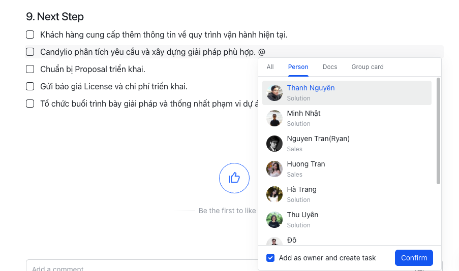 Giao diện checklist Next Step với các mục tiếng Việt; menu chọn người Person đang mở, nút Confirm ở góc phải.