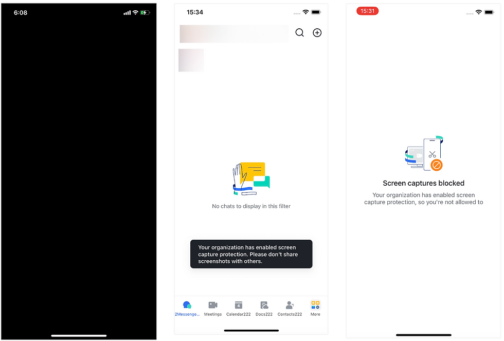 Ba màn hình điện thoại: app chat trống, cảnh báo chặn chụp màn hình; nền trắng, có chữ No chats to display và Screen captures blocked